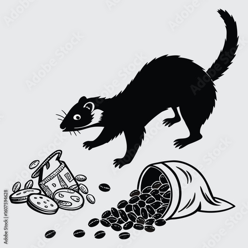 Ferret stealing from a possum’s stash image silhouette design vector art and illustration