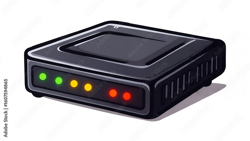 Obraz premium Illustrated black internet router with glowing green, yellow, and red LED status lights.