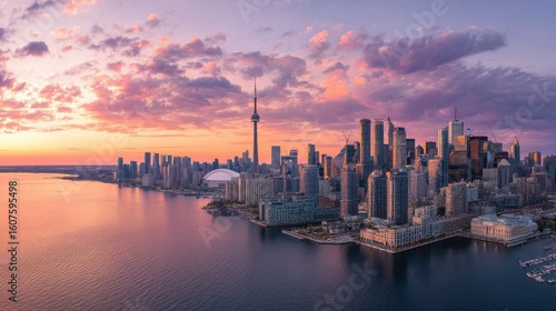 Wallpaper Mural Beautiful Panorama of Toronto skyline at sunset in Ontario, Canada. Aerial view photograph, no logos, no brands Torontodigital.ca