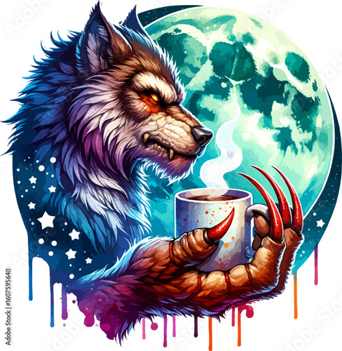 Werewolf enjoying coffee under a full moon