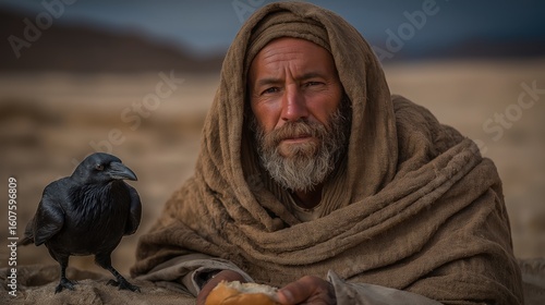 Prophet Elijah seated alone in desert at dawn as raven delivers bread – quiet biblical moment of divine provision, survival, and sacred solitude in soft morning light.