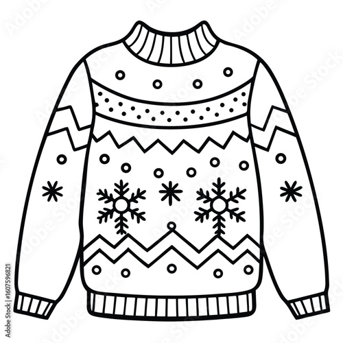 Outline of a Winter Holiday Ugly Christmas Sweater with Snowflakes and Zigzags Design
