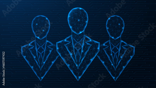 Executive agents of AI. Virtual business assistants or company representatives. A vector image in the style of a digital grid depicts three humanoid faceless bots in business suits.