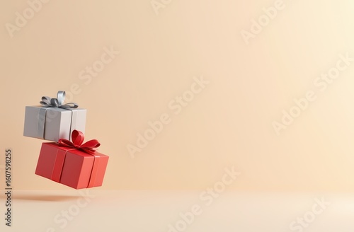 Minimalist 3D red and silver Christmas gift boxes, ribbons, and ornaments against a soft pastel beige background