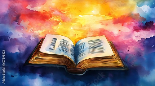 Watercolor painting of Bible with vivid colorful sky