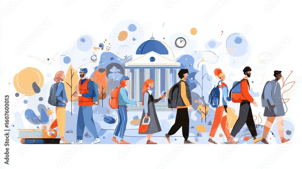 Student life abstract concept vector illustration set. College choice, college campus, educational trajectory, assessment test, graduation, campus tour, university events, library abstract metaphor., Student life abstract concept vector illustration set. College choice, college campus, educational trajectory, assessment test, graduation, campus tour, university events, library abstract metaphor.,