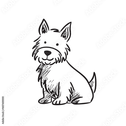 A line drawing of a fluffy, sitting terrier.