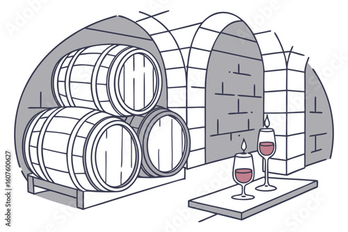 A Porto wine cellar with wooden barrels, glasses of ruby port being served, and candlelight reflecting off stone walls, modern flat illustration style