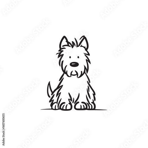 A line drawing of a fluffy, sitting terrier.