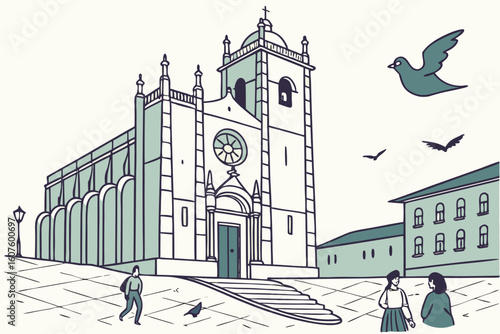 Porto Cathedral overlooking the city, tourists admiring its gothic architecture, and pigeons flying over the square, modern flat illustration style
