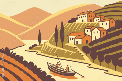 Douro Valley wine terraces in golden hour light, workers harvesting grapes, and boats docked near riverside villages, modern flat illustration style