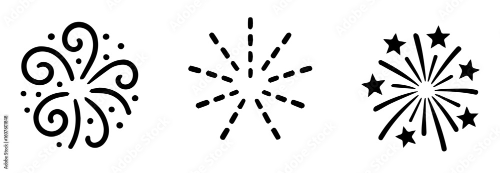 Obraz premium Firework Silhouettes with Unique Stroke Combinations and Looping Spirals Dashed Trails, Editable Formats: AI, EPS, JPG, PNG, Ideal for Both Digital and Print Use 