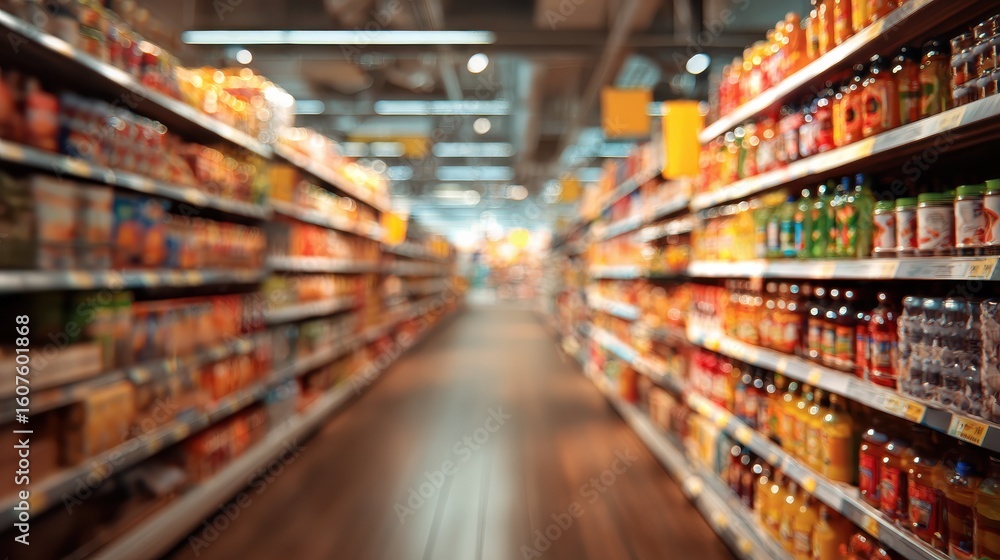 custom made wallpaper toronto digitalThis photo shows a blurred grocery store aisle filled with a variety of food items.