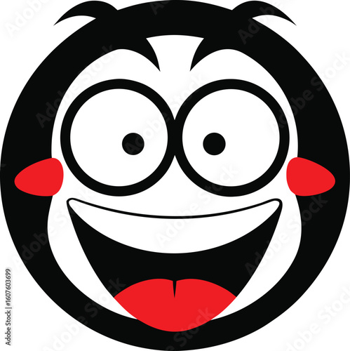 A cartoon illustration of a happy excited and laughing black and white creature with big round eyes red cheeks and a wide open mouth showing its tongue