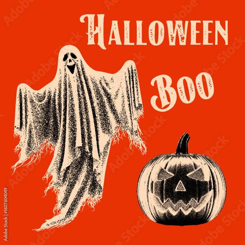 funny ghost and lantern jack in retro halftone style, stipple effect Halloween illustration