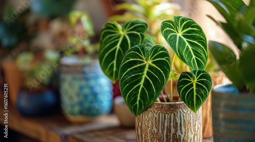 Close up of topical 'Philodendron Verrucosum' houseplant with dark green veined velvety leaves in flower pot with other plants in blurry room background, no logos, no brands