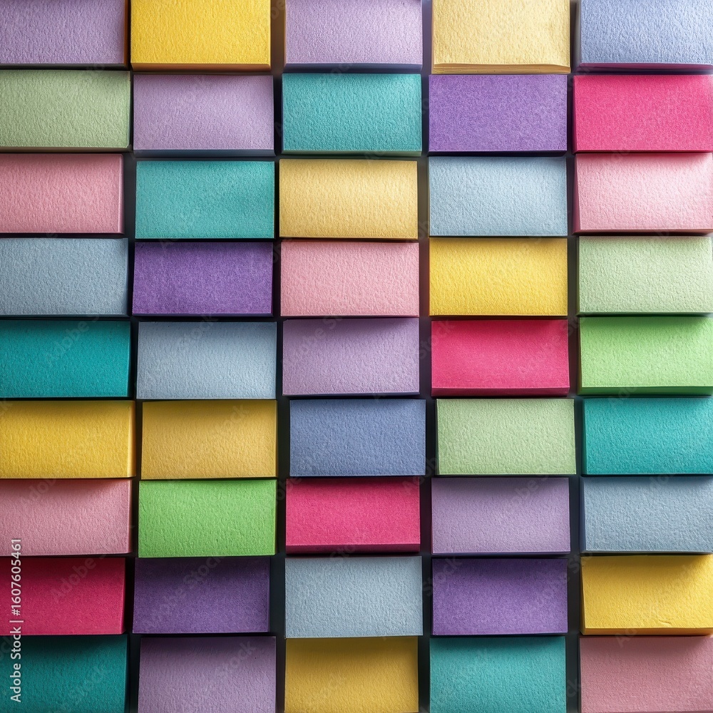 Fototapeta premium Stacks of multicolored sticky notes organized in a grid pattern.