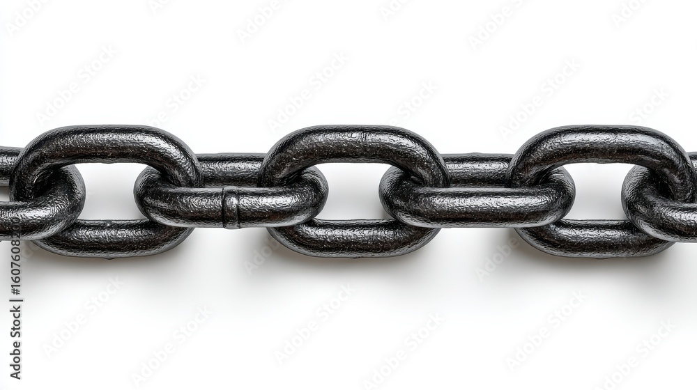 Obraz premium Black metal chain links connected in a row, isolated on a white background, showcasing strength