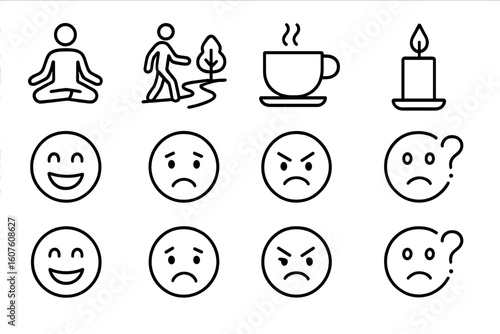 Outline collection minimal icons mindfulness stroke line set vector icon emotions symbol