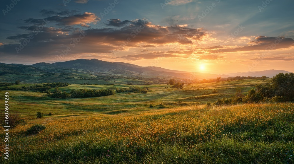 Fototapeta premium Golden Sunrise over Rolling Green Fields. Beautiful Rural Panorama with Green Grass and Wildflowers.