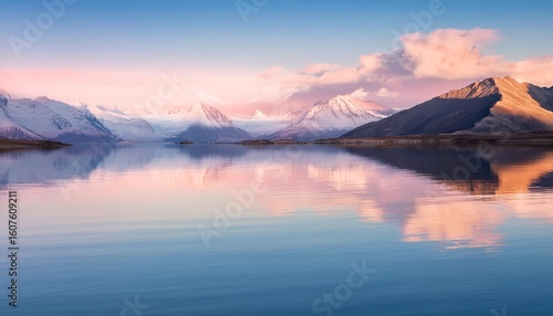 surreal landscape with pastel mountains and calm reflective water