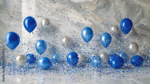Confetti and blue celebration balloons floating against a silver marble wall. - background, copy space