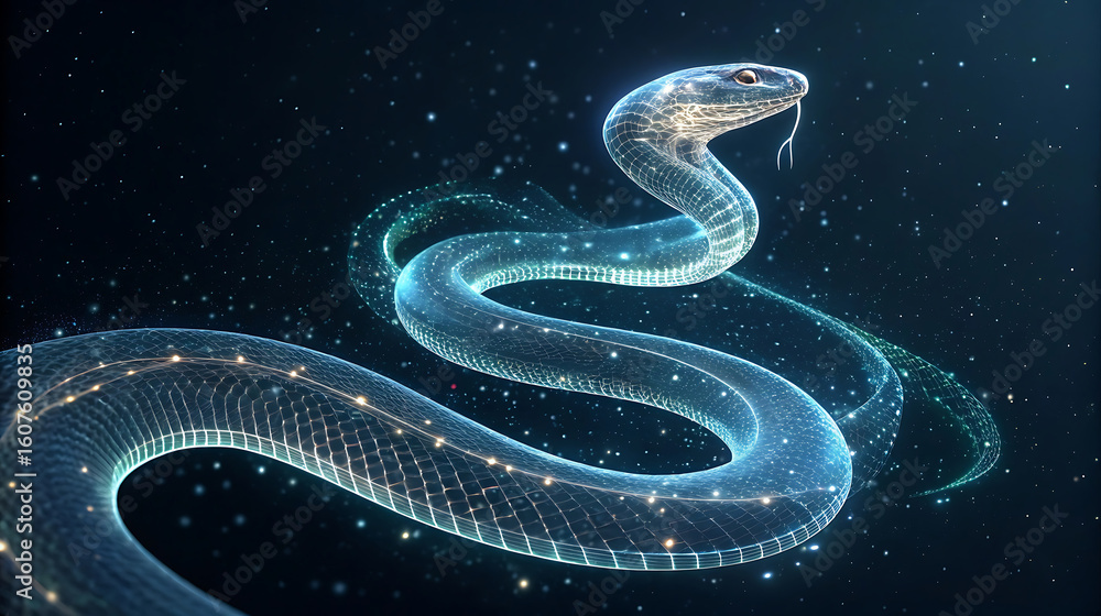 A glowing digital snake coils in a mesmerizing display of light and technology