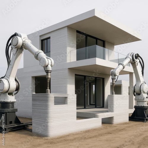 Fototapeta Naklejka Na Ścianę i Meble -  Revolutionary 3D Printing Construction Technology Building Sustainable Homes for the Future: Innovative Architecture and Modern Design for Real Estate and Business