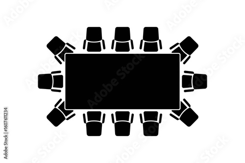 Illustration of a black rectangular table surrounded by ten chairs viewed from above in a meeting room