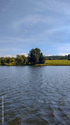 Beautiful view of a lake, with fresh, blue water, and a field with trees, in spring on a sunny day.