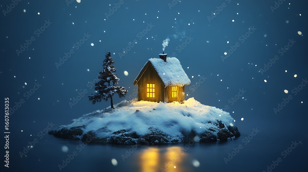 Fototapeta premium Tiny glowing house standing proudly on snow
