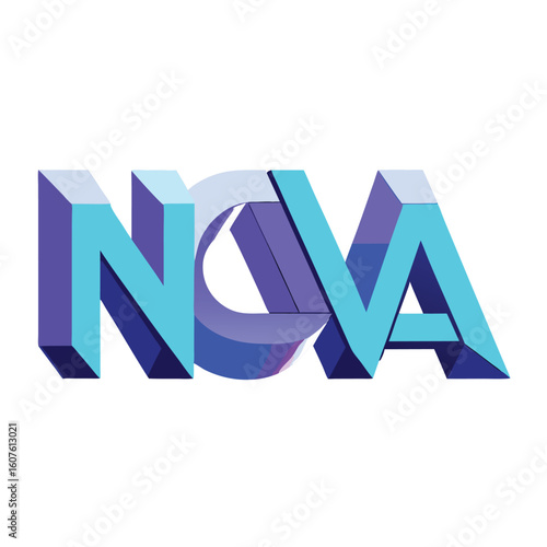 3D futuristic "NOVA" chrome typography, blue reflection