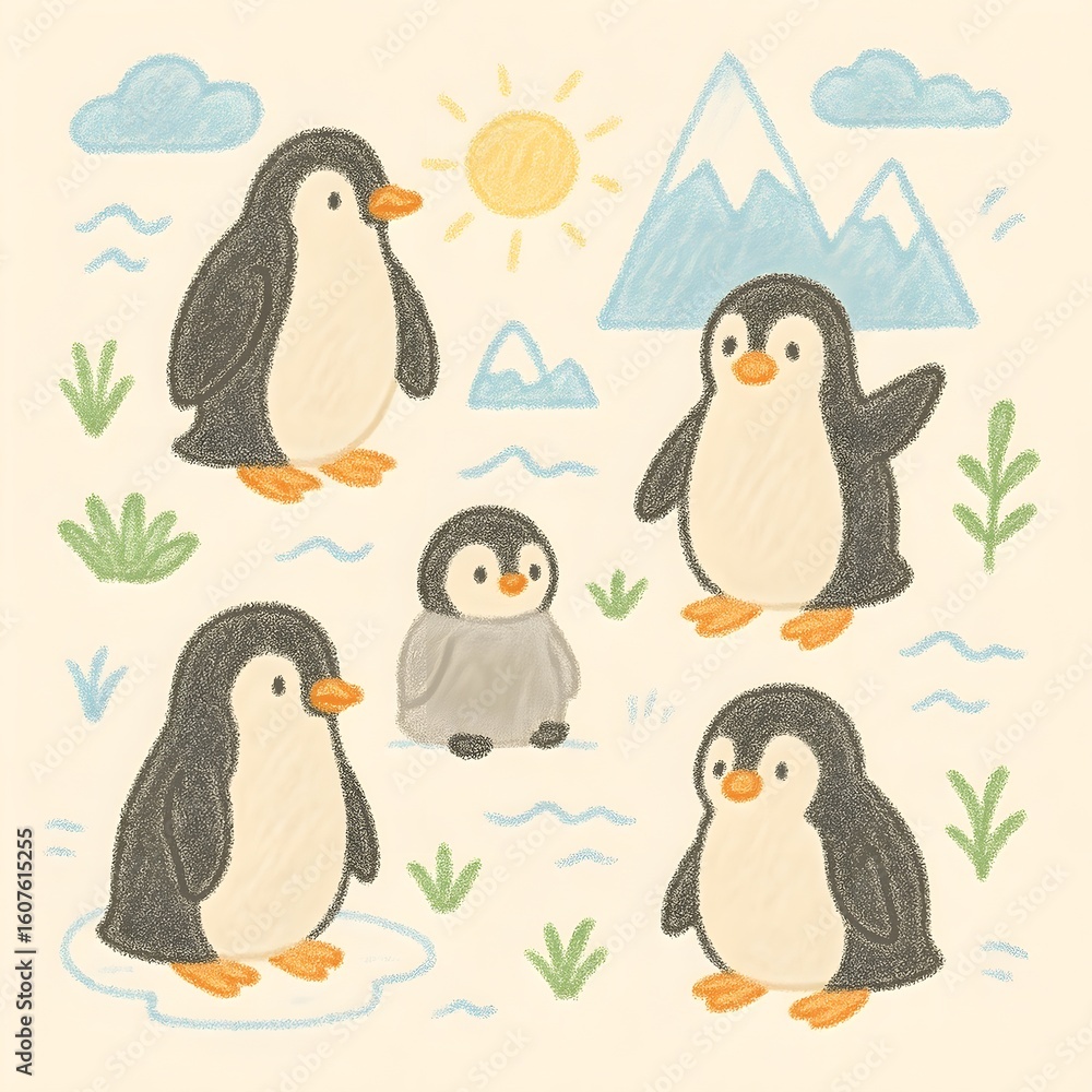 Naklejka premium Cute Penguin Pattern with Iceberg, Snowy Mountains, and Sun in Crayon Style
