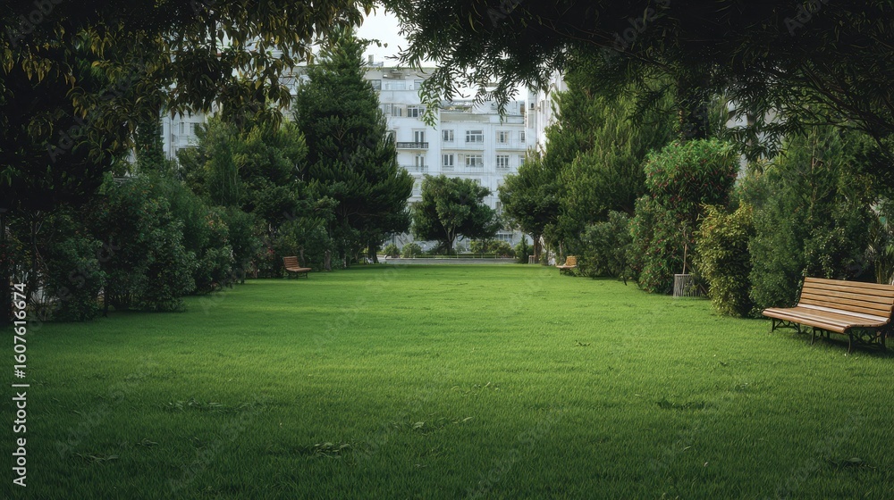 Obraz premium Green lawn in urban public park