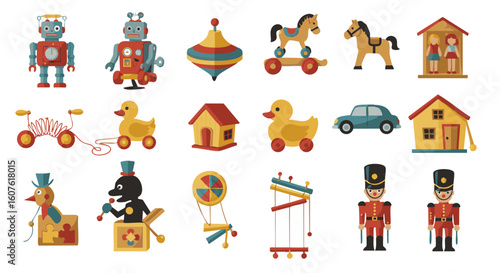 Vintage toys flat icon collection, 15 nostalgic elements