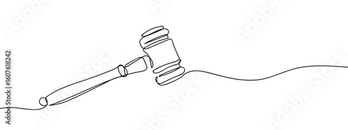Continuous vector line Judge's hammer Court Law on transparent background. editable stroke.