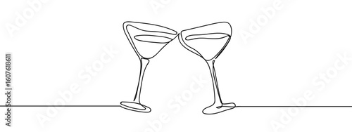 Continuous vector line Two wine glasses clinking together on transparent background. editable stroke.