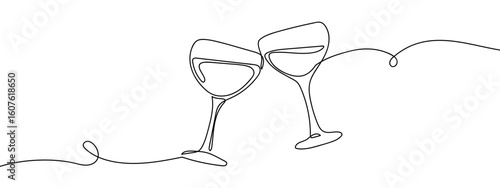 Continuous vector line Two wine glasses clinking together on transparent background. editable stroke.