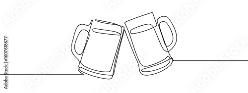 Continuous vector line Two glasses of beer clinking together on transparent background. editable stroke.