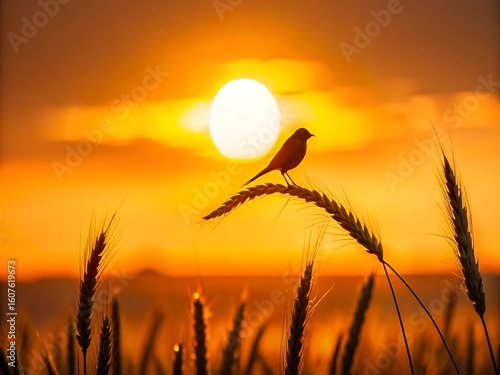A bird sits silhouetted on wheat at sunset, capturing the golden hour in a rural field