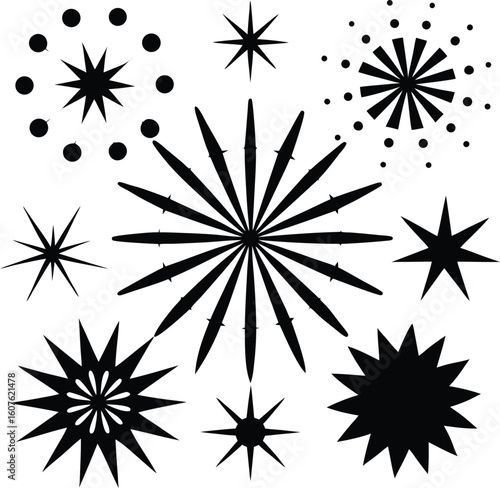 Collection of starburst and star shapes silhouette isolated on white background