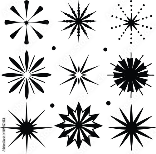 Collection of nine starburst silhouettes isolated on white background