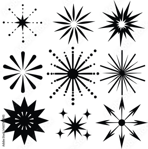 Collection of starburst and sparkle silhouettes isolated on white background
