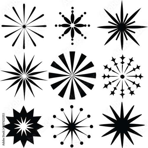 Collection of starburst and  star shapes silhouette designs isolated on white background