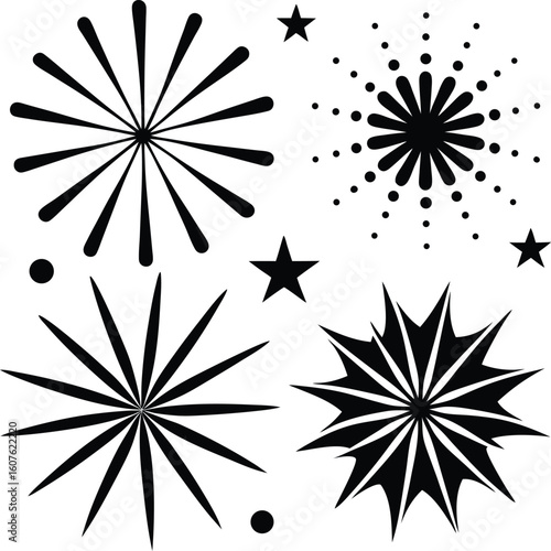 Collection of abstract starbursts and fireworks silhouettes isolated on white background