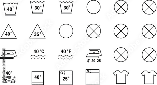 Extensive Set of International Laundry Care Symbols and Textile Washing Instructions, Perfect for Product Labeling, Educational Content, and Merchandise Design.