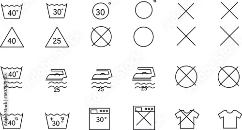 Comprehensive Set of Laundry Care Symbols and Washing Instructions, Ideal for Textile Labels, Product Packaging, and Informative Graphics, Clear Vector Illustrations.