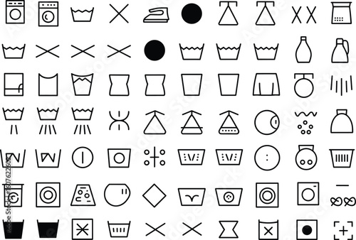 Comprehensive set of laundry care symbols, including washing, drying, ironing, and bleaching instructions, essential for garment care, textile labels, and household product information design.