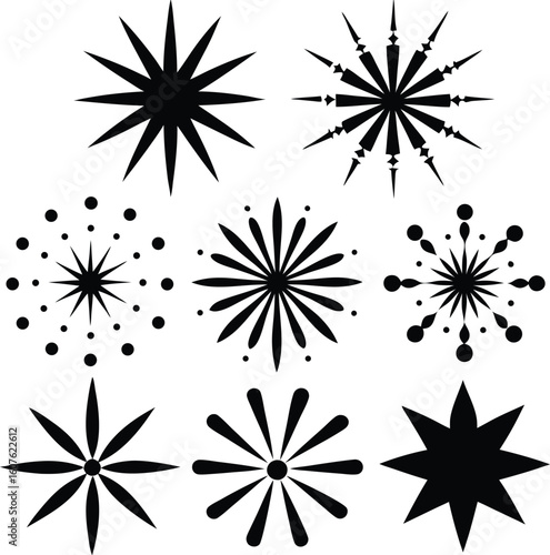 Collection of starburst and snowflake silhouettes isolated on white background