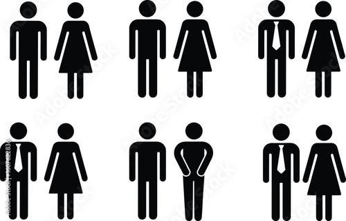 Variety of male and female stick figure icons, depicting diverse gender representations and couple combinations, suitable for universal public signage, restroom indicators.